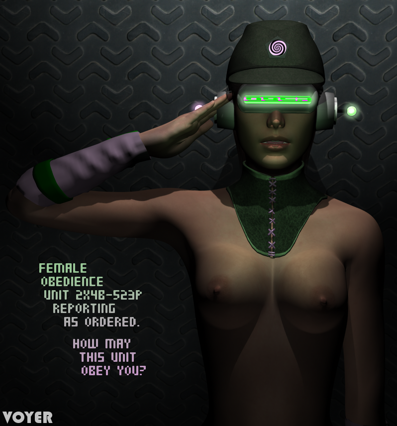 3d bottomless breasts drone female_only femsub hat headphones nude saluting standing standing_at_attention tech_control text topless visor voyer