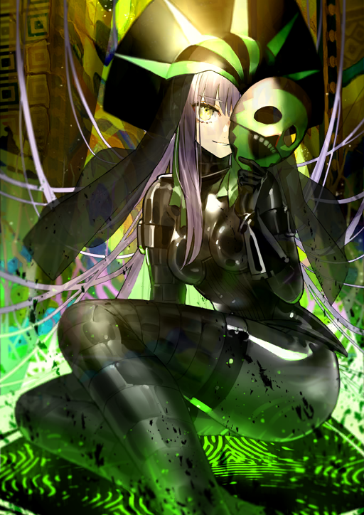 breasts corruption evil_smile fate/extra_ccc fate/grand_order fate_(series) female_only femsub giantess glowing headdress kingprotea latex legs long_hair magic magic_circle mask official pale_skin purple_hair ribbon sitting small_breasts solo veil wada_arco yellow_eyes