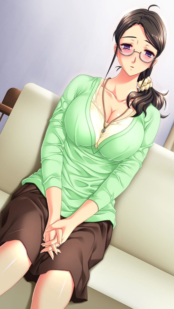 HypnoHub - blush breasts brown hair collar dress empty eyes expressionless  female only femsub game cg glasses kyonyuu kazoku saimin large breasts  mifuyu mamiya open mouth ponytail purple eyes skirt sky house