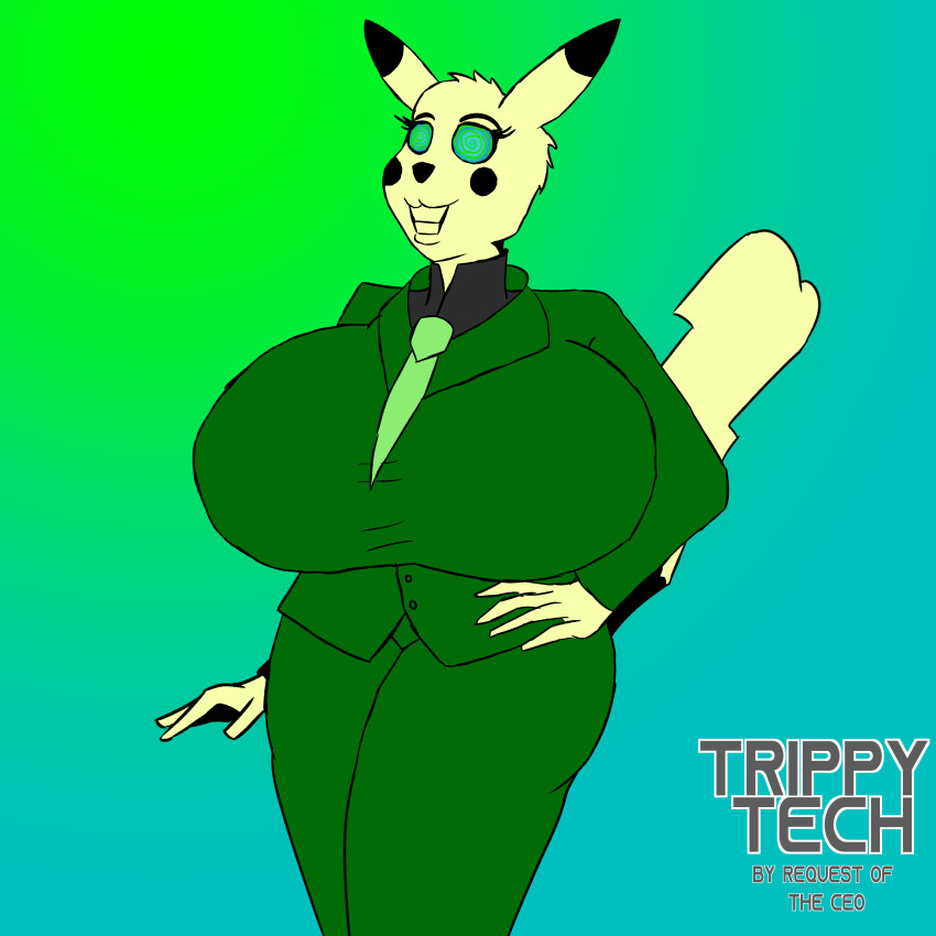 absurdres breasts corporatification female_only femsub forced_employee happy_trance huge_breasts nintendo pikachu pokemon sasirre smile spiral_eyes suit symbol_in_eyes tech_control western