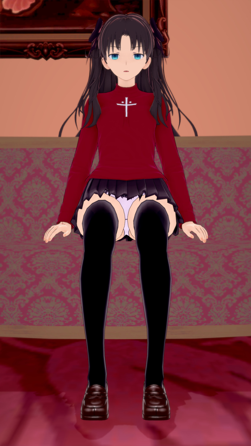 3d brown_hair cross empty_eyes expressionless eyebrows_visible_through_hair fate/stay_night fate_(series) green_eyes hair_ribbon koikatsu! long_hair panties ribbon rin_tohsaka samurai_who_loves_lewd_crests shoes short_skirt skirt thighhighs thighs twintails underwear upskirt