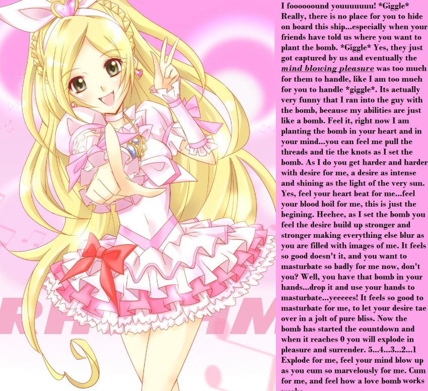 blonde_hair breasts caption caption_only countdown cure_rhythm femdom hypsubject_(manipper) kanade_minamino large_breasts long_hair looking_at_viewer manip masturbation_command orgasm_command pov pov_sub precure suite_precure text v