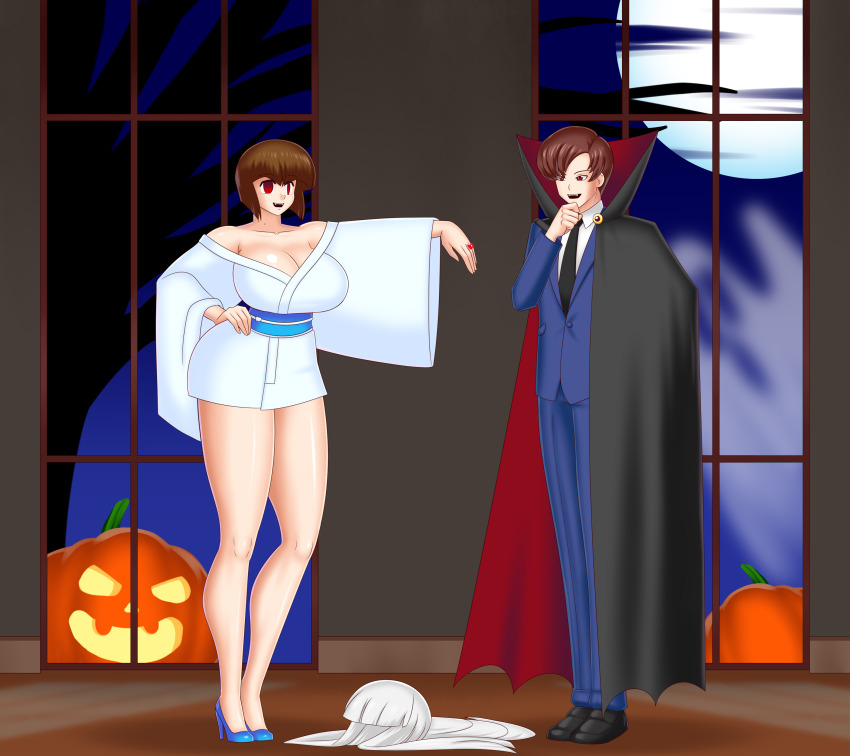 bare_shoulders bite_mark bluebullpen brown_hair cape cleavage costume david_smith_(daveyboysmith9) empty_eyes evil_smile fangs femsub halloween hand_on_hip happy_trance high_heels huge_breasts hypnotic_accessory jack_o'_lantern jewelry kimono maledom nabiki_tendo original ranma_1/2 red_eyes ring short_hair short_skirt vampire wig