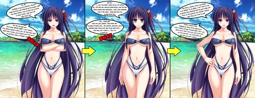 before_and_after blush breasts cleavage comic dazed empty_eyes expressionless female_only femsub financial_domination large_breasts maledom manip open_mouth original purple_hair swimsuit text tiechonortheal_(manipper) trigger very_long_hair