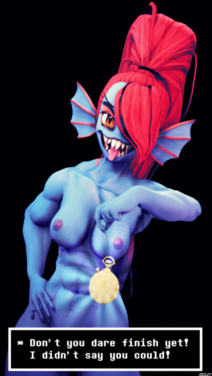 3d absurdres blue_skin bottomless breasts elf_ears eyepatch fangs femdom fish_girl large_breasts long_hair monster_girl nude open_mouth pendulum red_hair ridley_(artist) shark_girl  smile text tongue tongue_out topless undertale undyne_(undertale) yellow_eyes