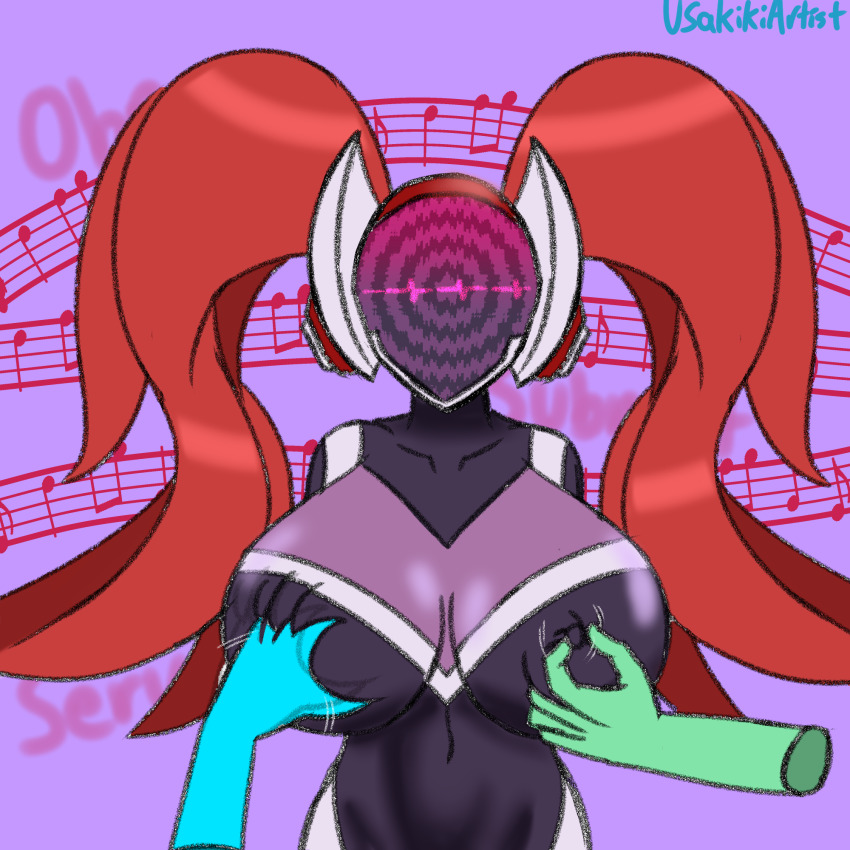 bodysuit breast_fondling breast_grab breasts drone dronification expressionless femsub headphones huge_breasts league_of_legends mantra mask monitor music nipples red_hair sona_(league_of_legends) spiral standing standing_at_attention tech_control text twintails usakiki visor