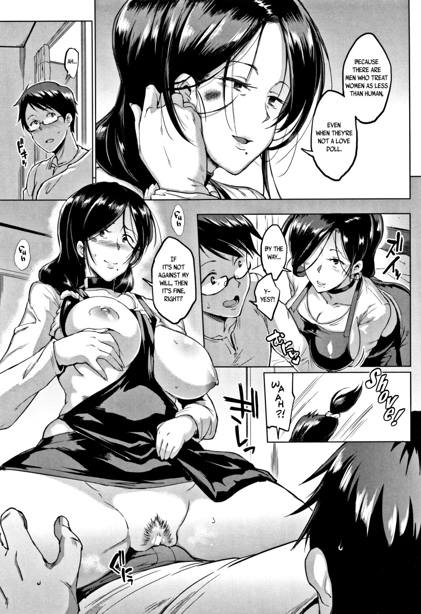 absurdres age_difference apron aware black_hair blush breasts bulge censored cleavage collar comic consensual dialogue dolls_(fan_no_hitori) erect_nipples erection fan_no_hitori femsub glasses greyscale hard_translated huge_breasts izumi_yoshino kousuke_(dolls) long_hair maledom no_bra no_panties reverse_cowgirl short_hair smile tech_control text translated wholesome