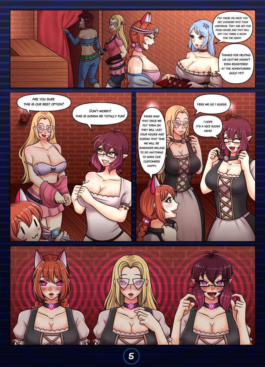 aurora_(jabberwocky) blonde_hair cat_ears cleavage collar comic drool femsub forced_employee gemna_(mezz+pokemongirl) glasses harem_outfit hypnotic_accessory maid marie_axel_(zachary007) multicolored_hair orange_hair original porniky purple_hair spiral spiral_eyes symbol_in_eyes tavern_wench text undressing viltai_(viltai) wink