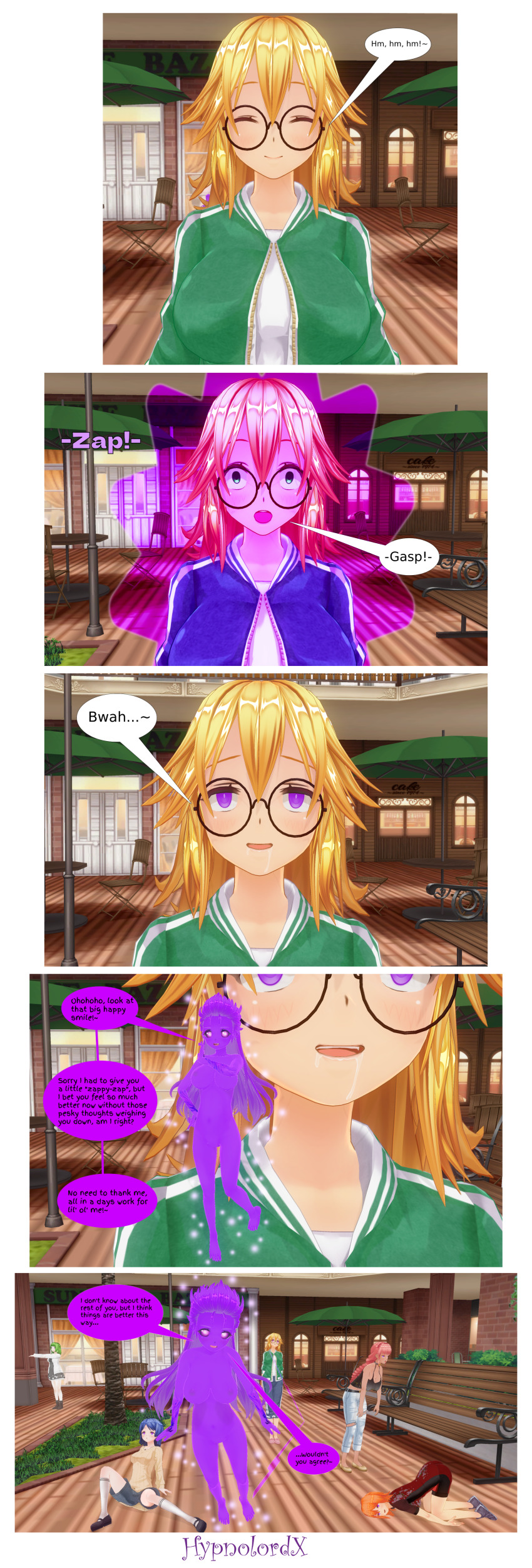3d aoi_(hypnolordx) blonde_hair cat_nap_(hypnolordx) clothed comic custom_maid_3d_2 dazed dialogue drool electricity empty_eyes fairy female_only femdom femsub glasses green_hair hypnolordx multiple_girls multiple_subs open_mouth orange_hair original pink_hair purple_eyes purple_hair purple_skin signature sitting size_difference speech_bubble standing tan_skin text top-down_bottom-up zombie_walk