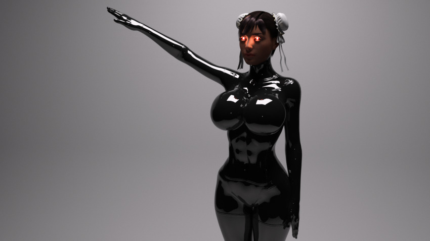 3d alternate_color_scheme alternate_costume black_hair bodysuit breasts capcom chun-li double_hair_bun expressionless female_only femsub glowing glowing_eyes hair_bun_covers hair_buns latex nazi red_eyes saluting solo standing standing_at_attention street_fighter