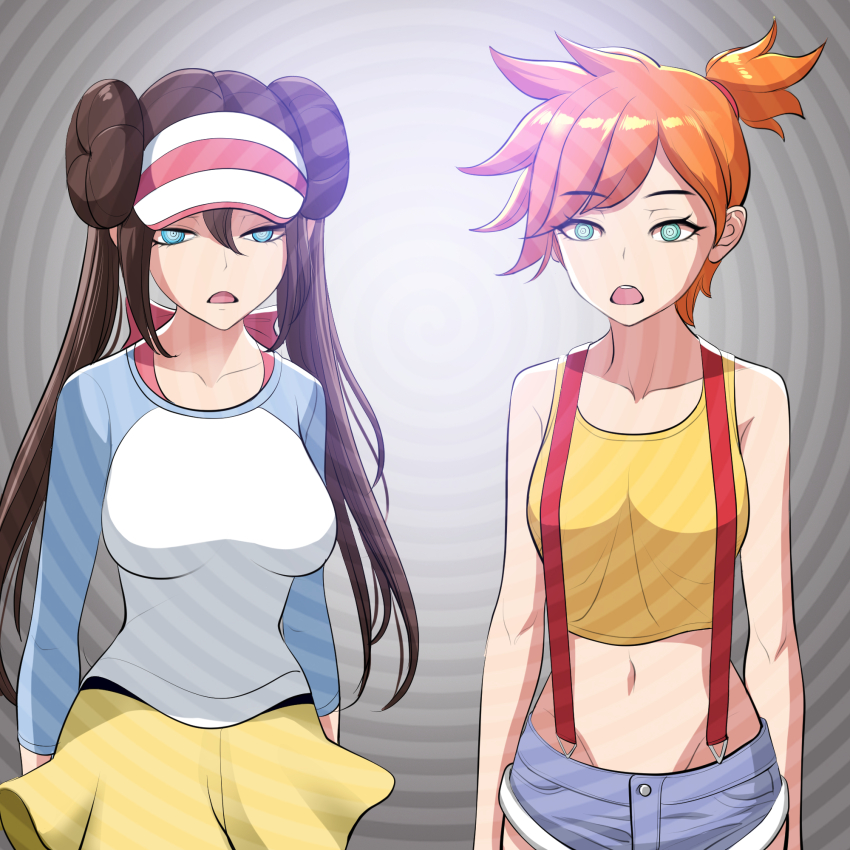 breasts brown_hair dr._stein femsub hair_buns hourglass_figure huge_breasts jean_shorts large_breasts large_hips misty multiple_girls nintendo nipples orange_hair pale_skin pokemon pokemon_(anime) pokemon_black_and_white_2 pokemon_trainer red_eyes rosa_(pokemon) shiny_hair short_hair short_shorts shorts skirt solo suspenders tank_top thick_thighs thighs tied_hair twintails