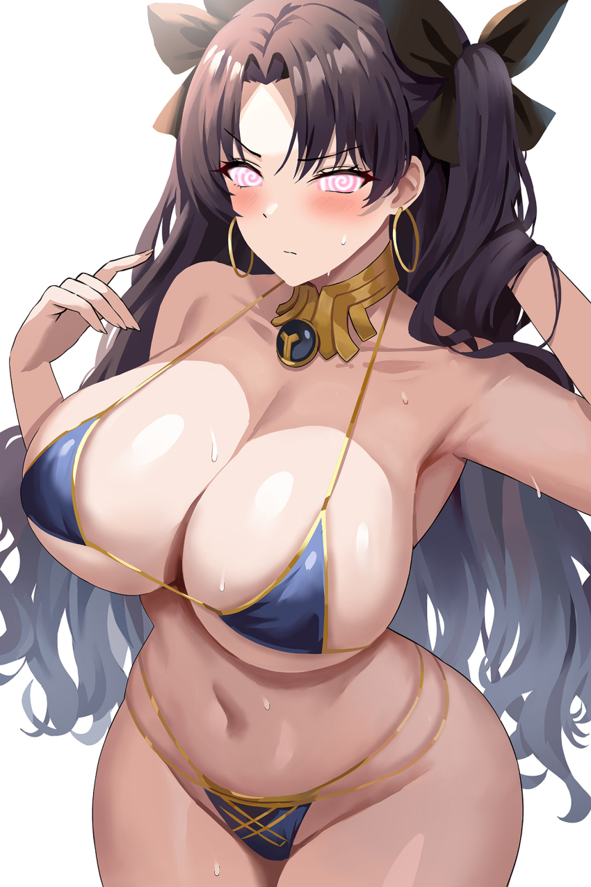 bikini_bottom bikini_top blush breasts cleavage earrings fate/grand_order fate_(series) female_only femsub huge_breasts ishtar_(fate/grand_order) jasony jewelry large_hips long_hair looking_at_viewer manip misterman4_(manipper) necklace ribbon sweat swimsuit tagme twintails
