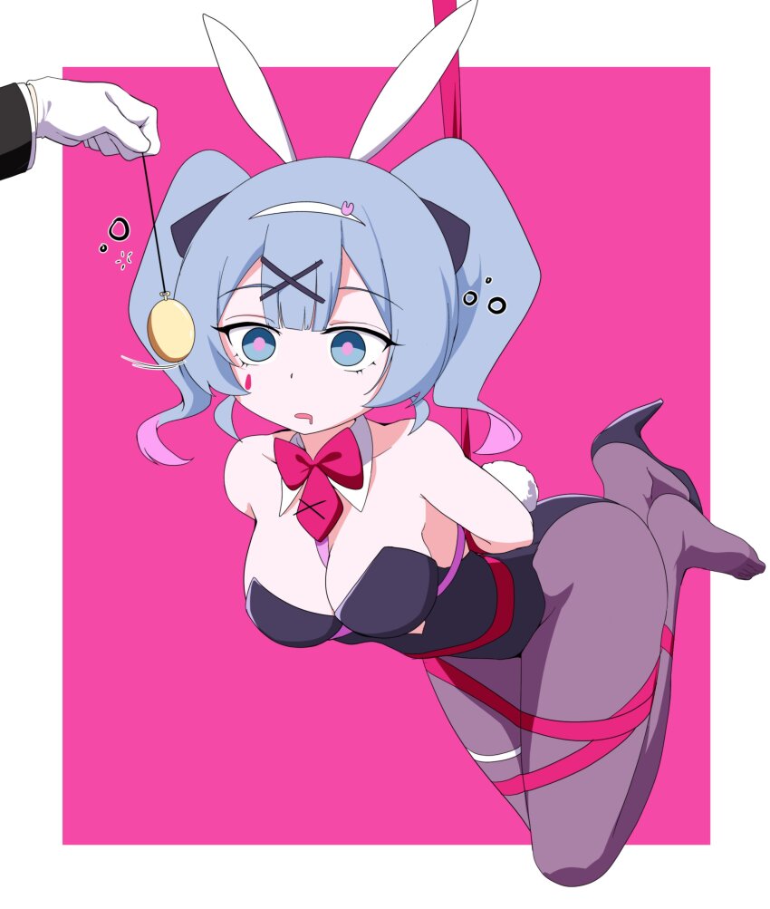 absurdres animal_ears arms_behind_back blue_eyes blue_hair bondage breasts bunny_ears bunny_girl bunnysuit dazed drool empty_eyes etlabsotwe expressionless facial_markings fake_animal_ears fake_tail femsub high_heels large_breasts miku_hatsune multicolored_eyes multicolored_hair open_mouth pantyhose pendulum pink_eyes pink_hair restrained ribbon ribbon_bondage simple_background tail tie twintails vocaloid