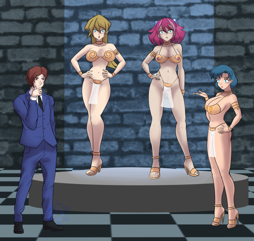 absurdres alexis_rhodes arm_bands bare_shoulders blonde_hair blue_eyes blue_hair breasts choker crossover david_smith_(daveyboysmith9) expressionless femsub harem_outfit high_heels katsiika large_breasts maledom multiple_girls open_mouth original pink_hair sailor_mercury sailor_moon_(series) short_hair spiral_eyes symbol_in_eyes tech_control yu-gi-oh! yu-gi-oh!_arc-v yu-gi-oh!_gx zuzu_boyle