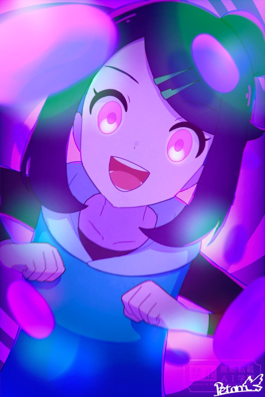 black_hair blue_hair chicken_pose dancing eye_color_change female_only femsub glowing_eyes happy_trance hypnotic_food liko_(pokemon) mochi_dance multicolored_hair nintendo open_mouth peton_right pokemon pokemon_(anime) purple_eyes solo