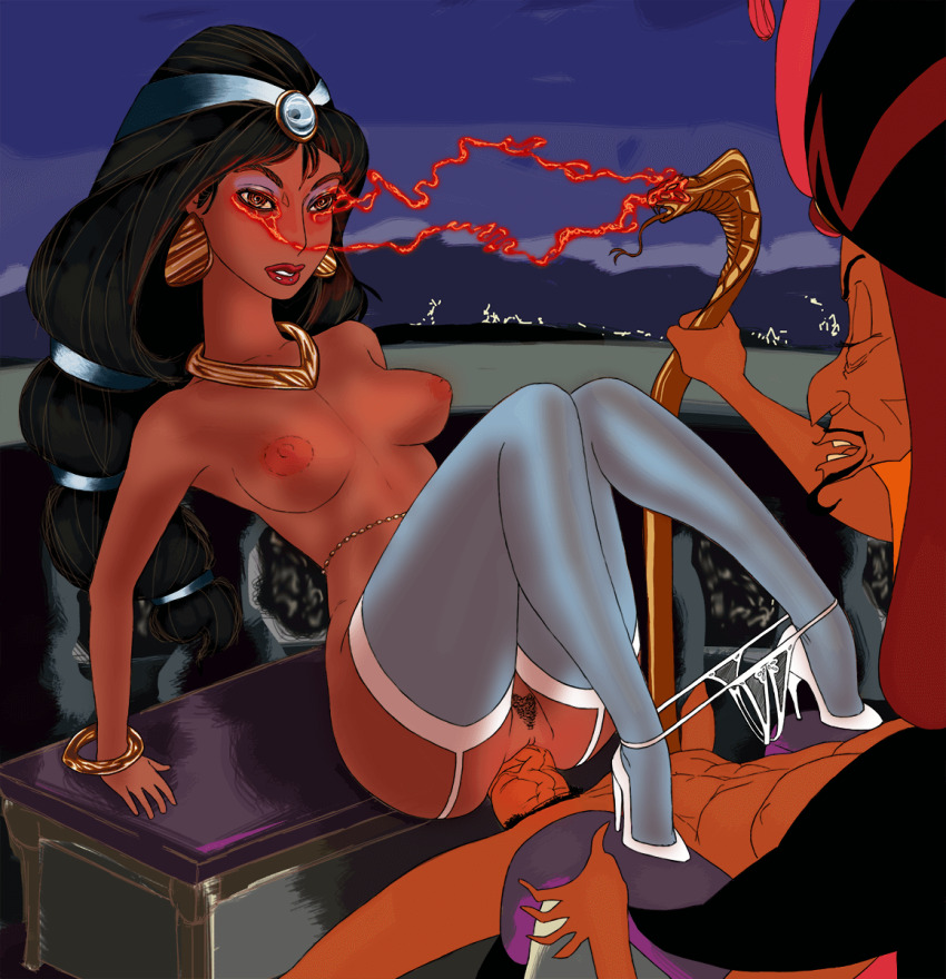 aladdin_(series) black_hair bottomless breasts clothed_sex d3l7a3ch0 disney earrings expressionless femsub glowing glowing_eyes harem_outfit high_heels hypnotic_accessory jafar jewelry long_hair magic maledom necklace panties penis princess princess_jasmine pubic_hair sex spiral_eyes staff symbol_in_eyes thighhighs topless underwear undressing vaginal western