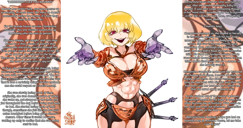 abs armor bigmaninasuit_(manipper) blonde_hair breasts caption caption_only cleavage clementine_(overlord) domestication evil_smile female_only femsub looking_at_viewer maledom mind_break navel open_mouth overlord red_eyes short_hair signature simple_background smile solo standing sword tagme weapon