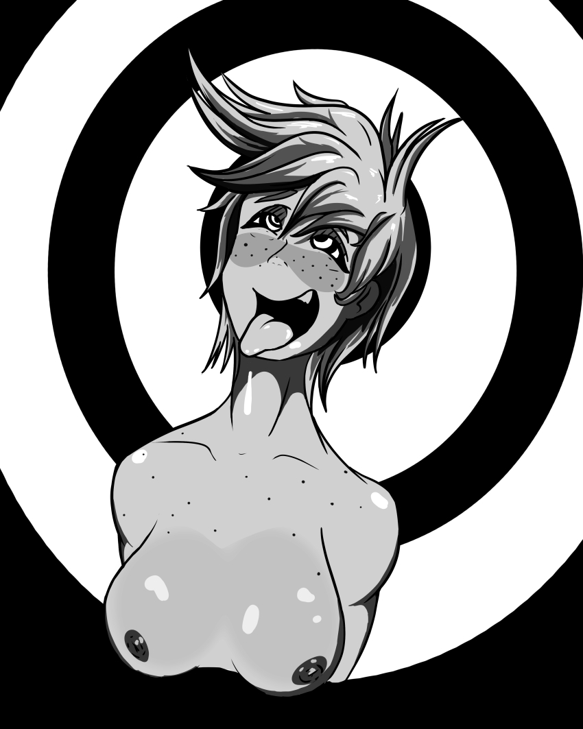 absurdres black--wave blush bottomless breasts drool female_only femsub greyscale happy_trance light_skin monochrome nude open_mouth original ring_eyes smile topless