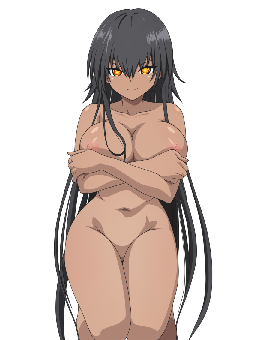 artist_request black_hair bottomless breasts dark_skin female_only femsub happy_trance holding_breasts icontrol_(manipper) kneeling large_breasts long_hair manip master_nemesis navel nipples nude smile solo spiral_eyes symbol_in_eyes to_love_ru_darkness topless white_background