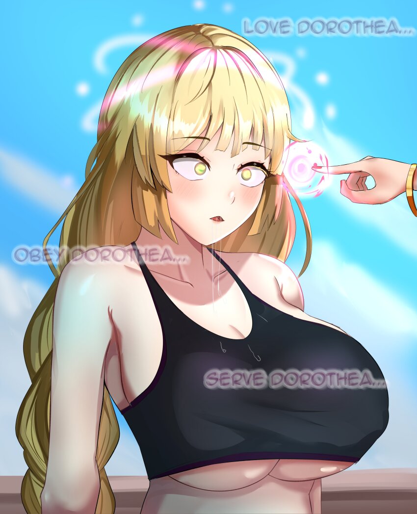 blonde_hair braid breasts cleavage collarbone dorothea_arnault drool english_text eyebrows_visible_through_hair femdom femsub fire_emblem fire_emblem_three_houses glowing glowing_eyes huge_breasts hypnotic_fingers ingrid_brandl_galatea long_hair magic nintendo smeef text very_long_hair yellow_eyes