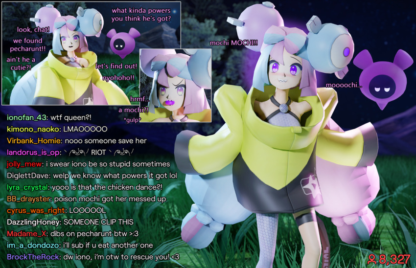3d angry bare_shoulders before_and_after chicken_pose clothed crashtrance dancing dialogue femsub hair_ornament happy_trance hypnotic_food iono_(pokemon) jacket livestream mochi_dance multicolored_hair night nintendo open_mouth outdoors pecharunt pink_eyes pokemon pokemon_scarlet_and_violet purple_eyes smile standing tagme text very_long_hair