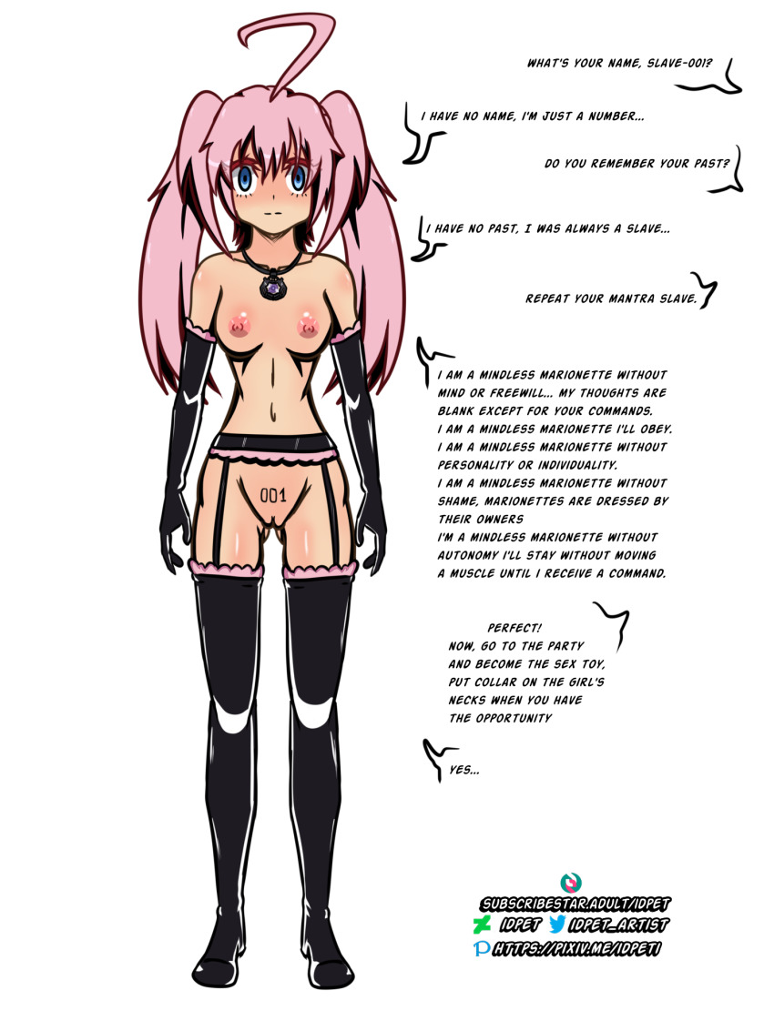 blue_eyes bottomless breasts collar crotch_tattoo empty_eyes expressionless femsub garter_belt gloves hypnotic_accessory idpet latex magic milim_nava nude opera_gloves petite pink_hair pussy rubber tattoo text that_time_i_got_reincarnated_as_a_slime thighhighs topless twintails