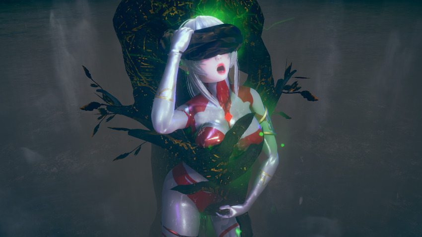 3d blindfold bodysuit breast_press crotch_rub dead_source elf_ears erect_nipples female_only femsub garter gloves honey_select_2 open_mouth personification ponytail resisting restrained solo the_power tongue tongue_out trees ultraman white_hair