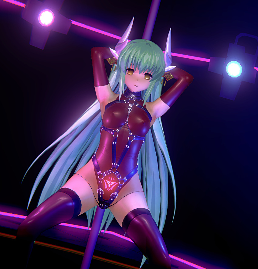 0864_(artist) 3d armpits arms_above_head blue_hair breasts crotch_tattoo dancer empty_eyes erect_nipples expressionless fate/grand_order fate_(series) female_only femsub gloves glowing hair_ornament harness high_heels kiyohime_(fate/go) koikatsu! leotard long_hair opera_gloves pole_dancing rubber solo spread_legs squatting tattoo thigh_boots thighhighs very_long_hair yellow_eyes