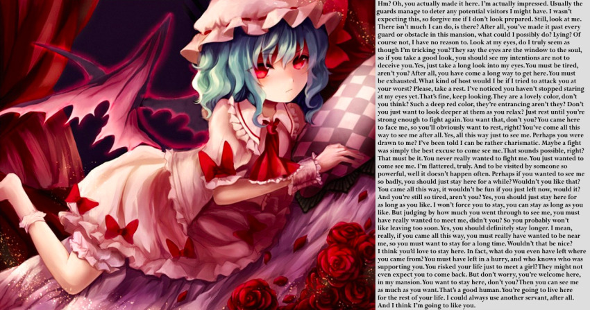 blue_hair caption caption_only demon_girl dress femdom hat its_shio_(manipper) looking_at_viewer manip monster monster_girl pov pov_sub red_eyes remilia_scarlet socks text touhou vampire wings
