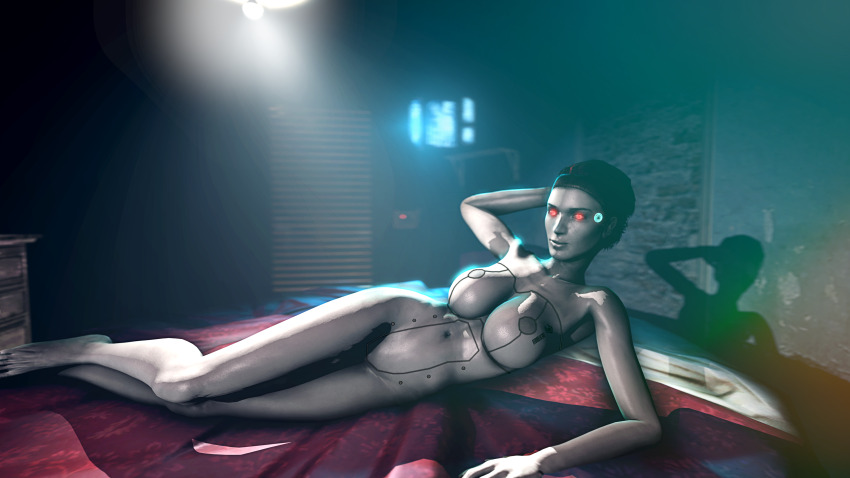 3d absurdres alyx_vance arms_above_head bare_shoulders barefoot black_hair bottomless breasts cleavage collarbone expressionless feet female_only femsub glowing_eyes half-life_2 half-life_alyx huge_breasts juxtasuperpostion navel nude posing prostitution red_eyes robot robotization short_hair solo source_filmmaker tomboy topless transformation unaware valve