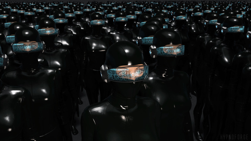 3d blue_eyes bodysuit breasts drone expressionless female_only fembot femsub headphones hypnoforge latex mask mass_hypnosis multiple_girls multiple_subs original robotization standing standing_at_attention tech_control uniform visor