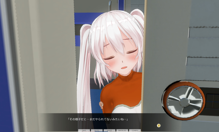 3d blush bodysuit closed_eyes custom_maid_3d_2 dialogue female_only japanese_text open_mouth solo swallow774 text twintails uniform white_hair