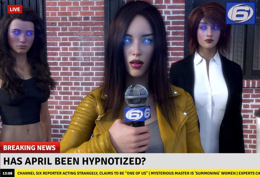 3d 4321sleep april_o'neil blue_eyes brown_hair clothed expressionless female_only femdom femsub glowing glowing_eyes hypnotic_eyes hypnotized_dom hypnotized_hypnotist long_hair microphone midriff multiple_girls multiple_subs office_lady original pov_sub standing standing_at_attention teenage_mutant_ninja_turtles