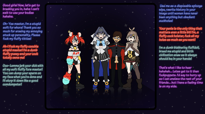 blue_hair brain_drain clothed dialogue femsub fur_coat hakos_baelz hololive hololive_english kronii_ouro maledom microchip multiple_girls mumei_nanashi open_clothes penis red_hair sexism unlikely virtual_youtuber