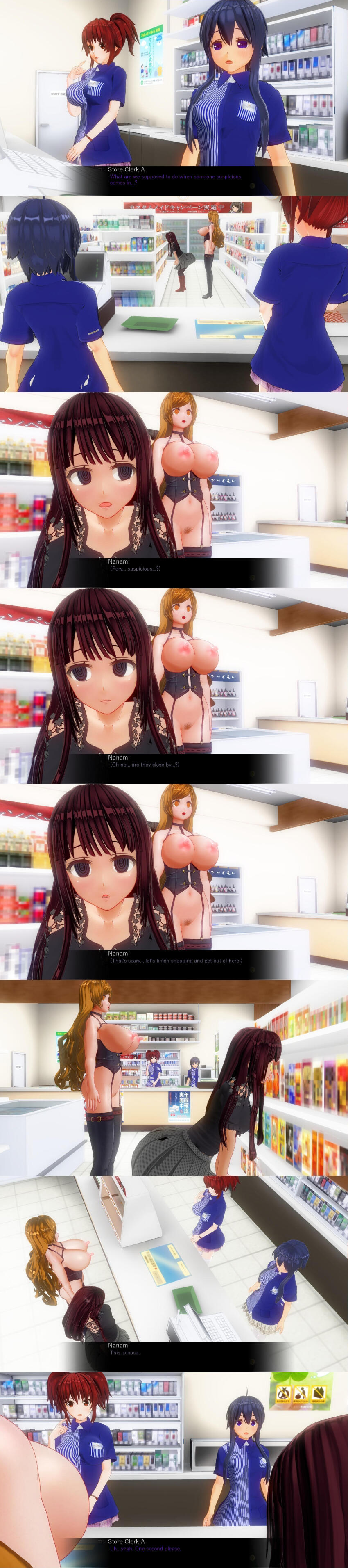 3d absurdres bottomless breasts comic custom_maid_3d_2 empty_eyes erect_nipples femsub hard_translated kamen_writer_mc large_breasts nanami_kosugi_(made_to_order) nipples nude rika_(made_to_order) tech_control text topless translated