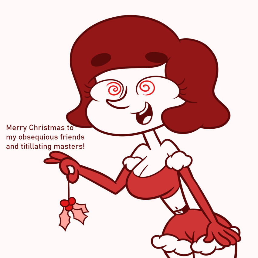apopop christmas female_only femsub happy_trance holly monochrome open_mouth original sally_(apopop) short_hair smile spiral_eyes symbol_in_eyes text