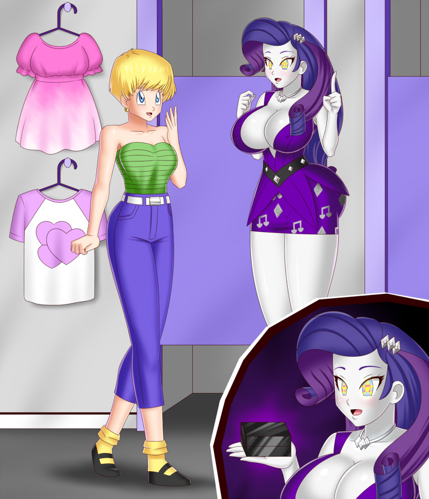 bare_shoulders blonde_hair blue_eyes bluebullpen breasts cleavage crossover dragon_ball earrings equestria_girls erasa female_only femsub huge_breasts hypnotic_accessory jewelry long_hair multiple_girls my_little_pony necklace purple_hair rarity short_hair symbol_in_eyes unaware western white_skin