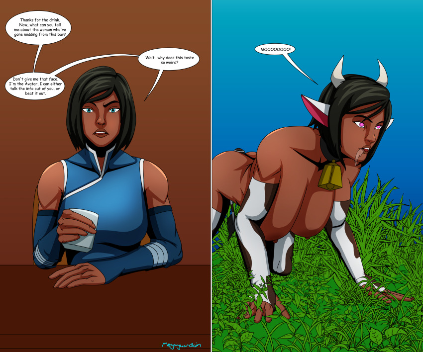 absurdres all_fours avatar_the_last_airbender bare_shoulders before_and_after bell bell_collar black_hair blue_eyes bottomless chair collar collarbone cow_girl cow_print dark_skin dialogue drool empty_eyes english_text erect_nipples femsub glowing_eyes hanging_breasts korra legend_of_korra megaguardain nickelodeon nipples open_mouth opera_gloves outdoors pink_eyes short_hair signature simple_background sitting speech_bubble table text topless