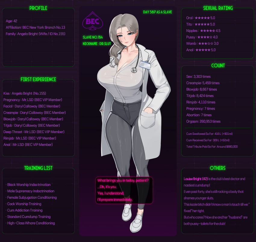 blacked blue_eyes cheating clothed dialogue doctor english_text female_only femsub gay_to_straight grey_hair lab_coat long_hair milf netorare nuo original sexism sexuality_change solo stethoscope text
