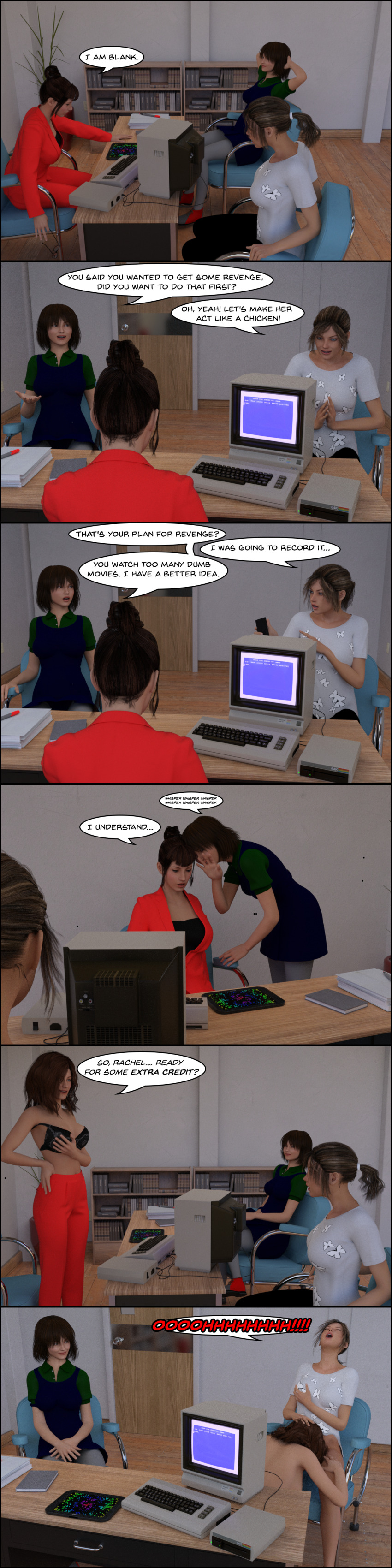 3d absurdres breasts brown_hair comic dialogue female_only femdom femsub large_breasts teacher tech_control text theheckle yuri