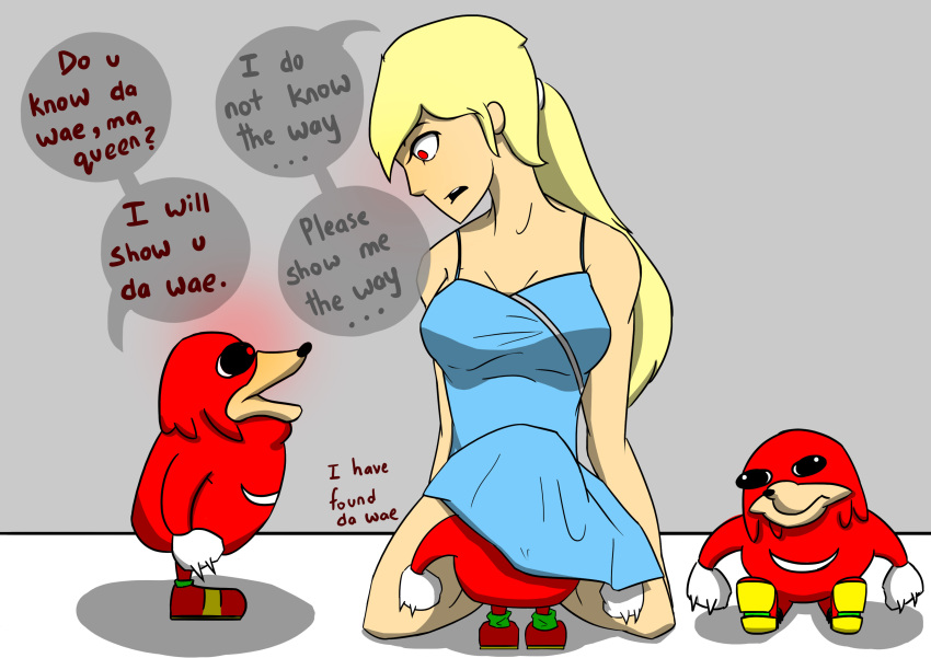 absurdres blonde_hair breasts dress dress_lift echidna_boy femsub furry glowing glowing_eyes humor kneeling knuckles_the_echidna large_breasts long_hair magic meme nexus_light open_clothes open_mouth original ponytail sonic_the_hedgehog_(series) text ugandan_knuckles