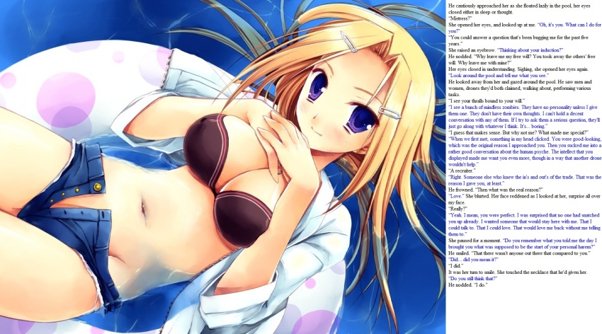 aware blonde_hair caption caption_only female_only femdom hairpin harem looking_at_viewer love male_pov manip open_clothes pool pov pov_sub purple_eyes text wholesome
