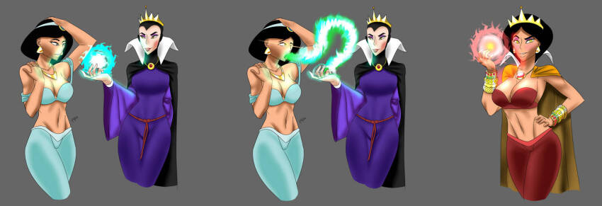 aladdin_(series) arm_bands before_and_after black_hair cape corruption crown femdom femsub glowing_eyes grimhilde harem_outfit magic ongcs123 princess_jasmine snow_white_and_the_seven_dwarfs