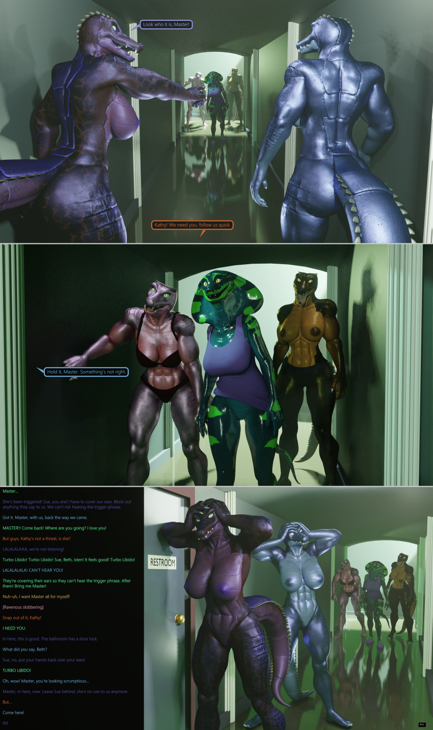 3d bethany_(thalarynth) caption comic crocodile_girl dialogue furry harem humor kathy_(thalarynth) multiple_subs muscle_girl original pov_dom scalie snake_girl speech_bubble story sue_(thalarynth) text thalarynth_(manipper) tongue_out trigger