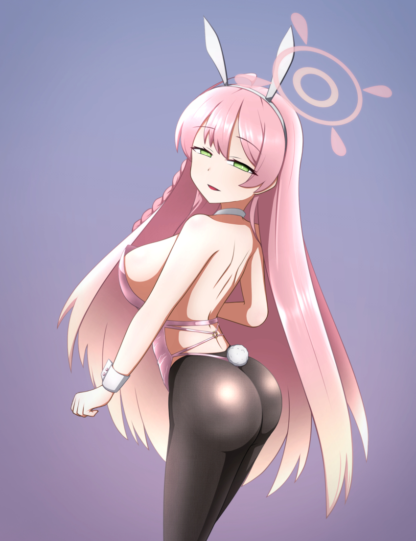 ass bare_shoulders before_and_after blue_archive braid bunny_ears bunny_girl bunnysuit choker cuffs female_only femsub gradient_background green_eyes halo hanako_(blue_archive) happy_trance heavy_eyelids large_breasts looking_at_viewer multicolored_hair nasukama73 open_mouth pantyhose pink_hair simple_background solo tail very_long_hair