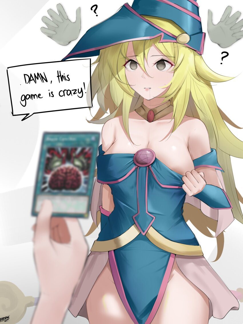 blonde_hair brain_control_(yu-gi-oh!) card choker cleavage collarbone confused dark_magician_girl dialogue drool empty_eyes english_text eroborne female_only femsub hat nipples phantom_hand pov pov_dom signature simple_background speech_bubble text thighs undressing very_long_hair white_background yu-gi-oh!