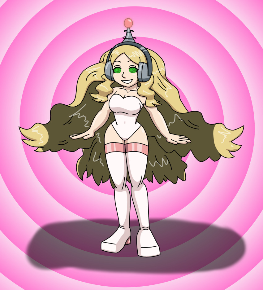 absurdres antenna blonde_hair breasts caitlin_(pokemon) female_only fembot femsub happy_trance headphones high_heels hypnotic_accessory latex long_hair nintendo pokemon pokemon_black_and_white robotization spiral_eyes supertechno324 symbol_in_eyes tech_control thighhighs very_long_hair