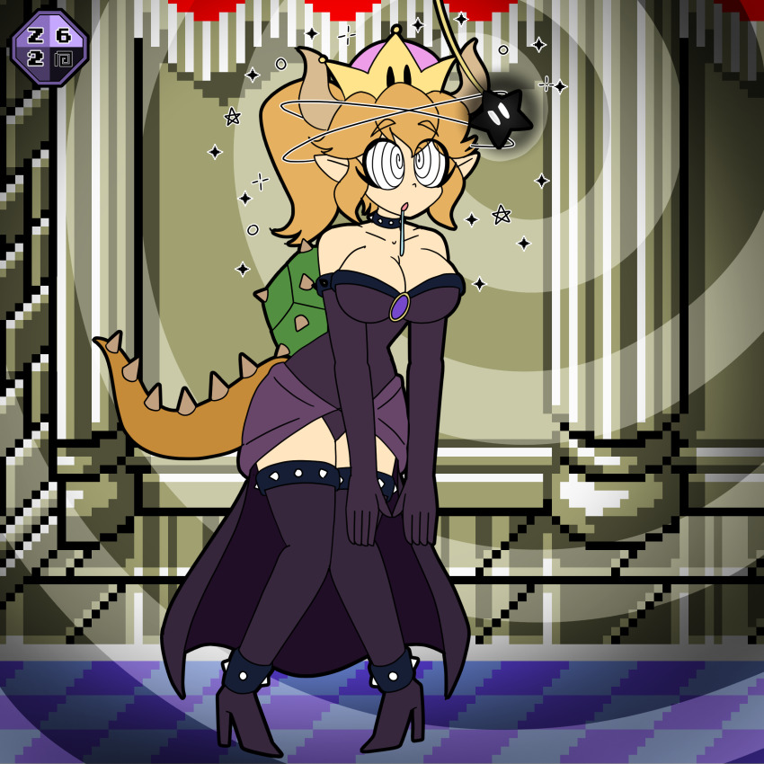 blonde_hair bowsette choker cleavage drool femsub high_heels horns large_breasts leaning_forward new_super_mario_bros._u_deluxe nintendo pendulum ponytail slouching spiral_eyes super_crown super_mario_bros. tail thighhighs zombi62