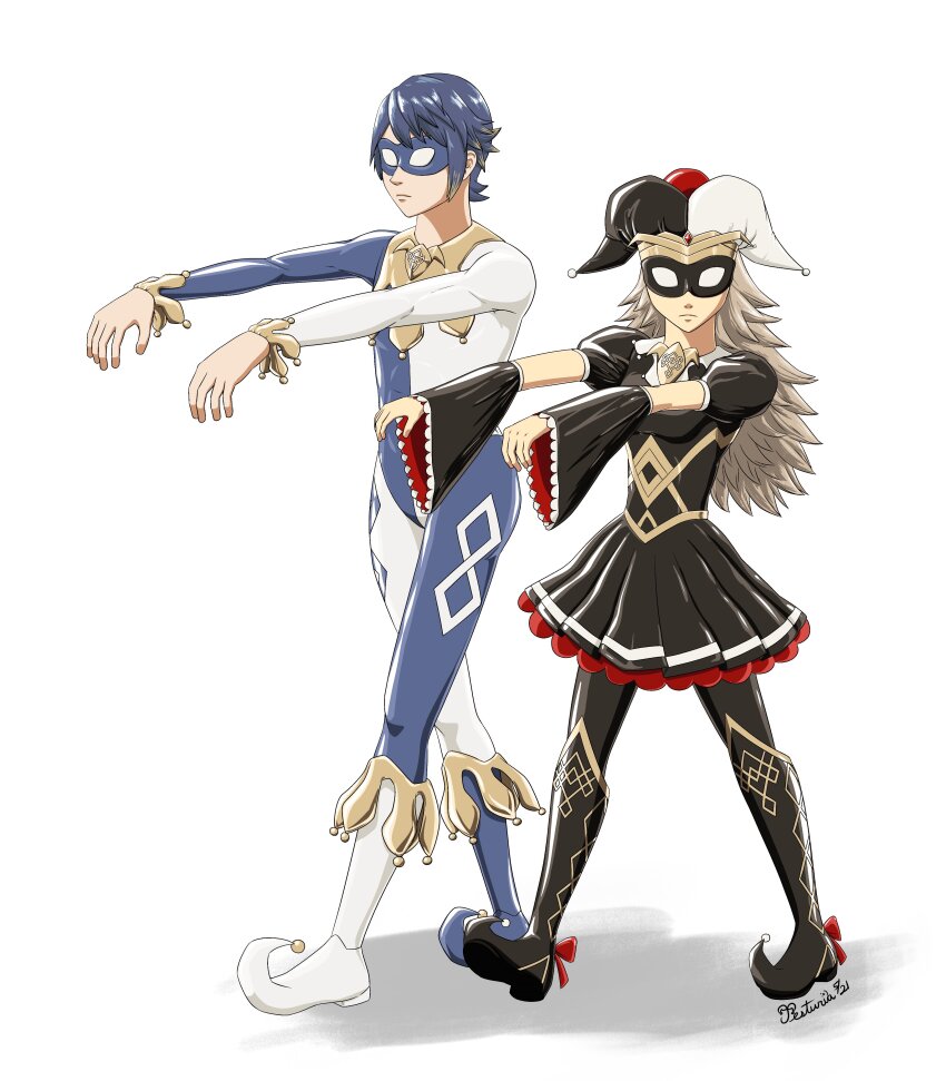 absurdres alphonse_(fire_emblem) alternate_costume blue_hair bodysuit boots breasts corset expressionless eye_mask femsub fire_emblem fire_emblem_heroes grey_hair hat jester jesturia knee-high_boots looking_at_viewer nintendo signature simple_background skirt small_breasts tights veronica_(fire_emblem) white_background whitewash_eyes zombie_walk