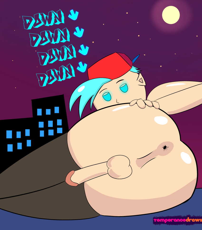 absurdres anus ass blue_hair bottomless boyfriend_(friday_night_funkin') cap friday_night_funkin' glowing glowing_eyes hat hypnotic_audio male_only malesub night nude penis short_hair solo temperancedraws text thighhighs topless